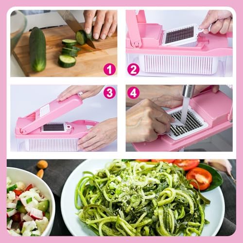 16-in-1 Vegetable Chopper & Mandoline Slicer with Container, Food Chopper, Onion Dicer, Cheese Grater, Vegetable Cutter for Potato, Carrot, Cucumber, Garlic, Meal Prep, Pink