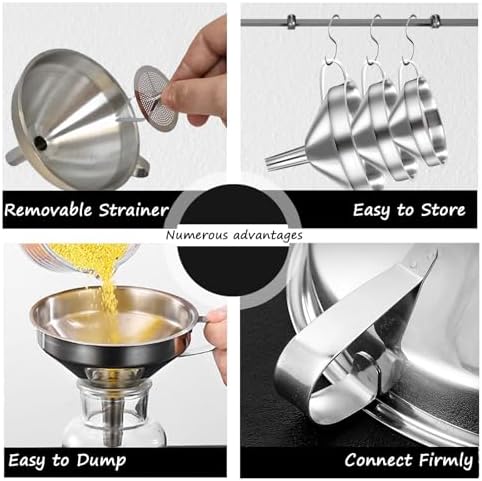 4 Pack Stainless Steel Funnels for Kitchen Use with Removable Strainer Metal Funnel Kitchen Funnel Set Transferring of Liquid, Oils, Jam, Dry Ingredients & Powder