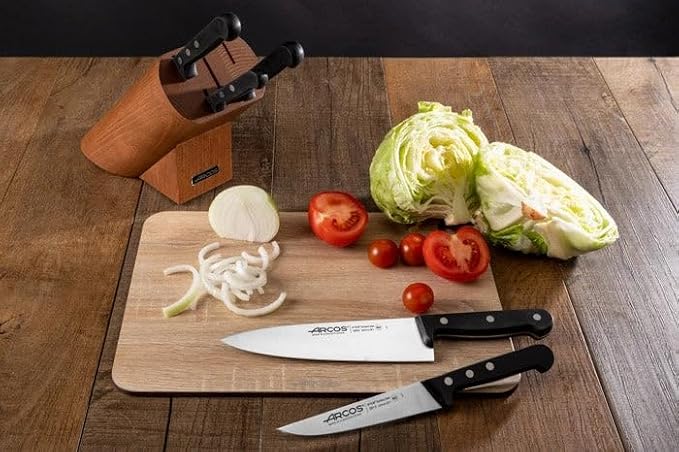 ARCOS Knife Set 5 pieces Nitrum Stainless Steel. Greater cutting power. Pine Wood Block. Ergonomic Polyoxymethylene POM Handle. Series Universal. Greater control. Color Black