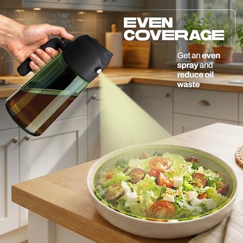 PORTENTUM Olive oil spray bottle for cooking 16oz/470ml 2 in 1 spray and pour function – Anti drip green glass bottle dispenser with light protection – Multilingual labels – Air fryer salads grilling