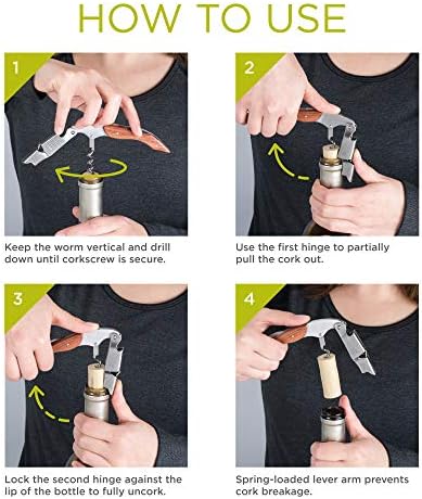True Sommelier Waiters Corkscrew Wine Opener with Built-in Bottle Opener and Sharp Foil Cutter, Stainless Steel with Wood Handle for Travel, Home Bar, Kitchen, Gifts for Wine Lovers, Set of 1