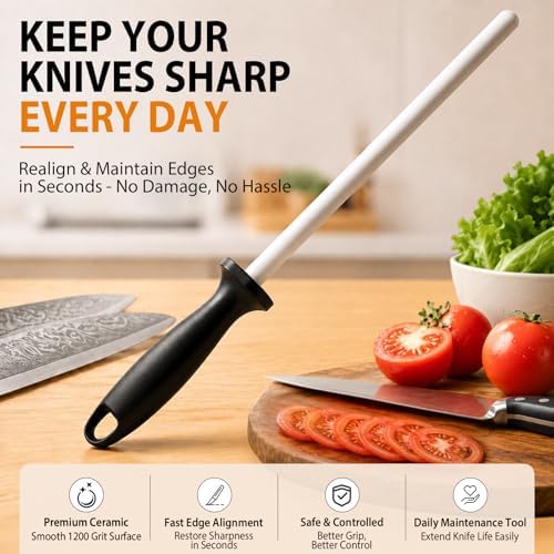 10-in Ceramic Honing Rod, 1200 Grit Knife Sharpener Rod for Kitchen Knives
