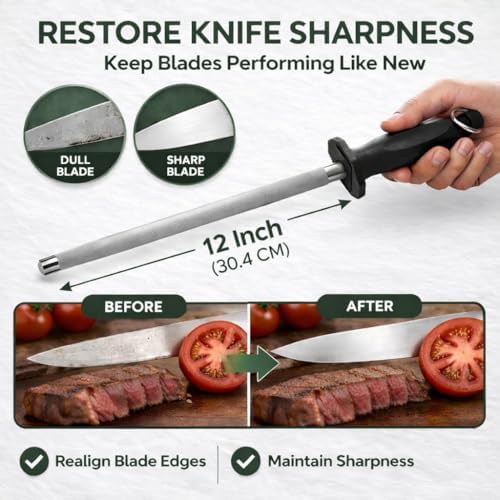 12-Inch Honing Rod for Kitchen Knives – Stainless Steel Knife Sharpening Rod with Ergonomic Handle, Professional Knife Sharpener Stick (12)