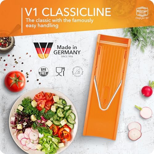Mandoline Food Slicer Börner V1 (Profi Set) by Reston Lloyd • V-Slicer with 4 Inserts, Docking Station & Food Holder • Made in Germany • Fruit & Vegetable Chopper • Multiple Settings • Color: Orange