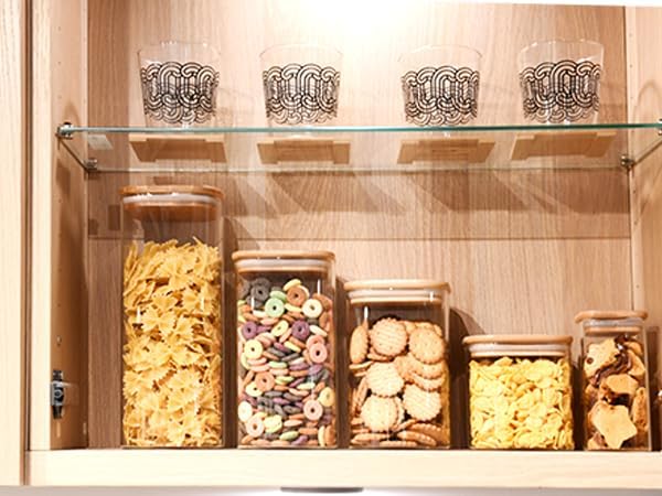 SHOWIN Glass Food Storage Jars Square 44oz, 3 Pack Glass Jars With Bamboo Lids, Kitchen Storage Containers For Spice, Candy, Cookie, Storage For Pantry Organizers