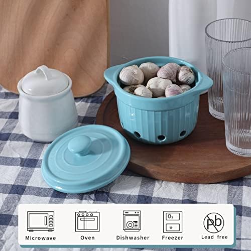 Garlic Keeper with Lid, Ceramic Garlic Saver Container for Countertop, Kitchen Decor (Turquoise)