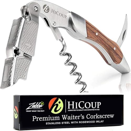 Hicoup Wine Opener - Professional Corkscrews for Wine Bottles w/Foil Cutter and Cap Remover - Manual Wine Key for Servers, Waiters, Bartenders and Home Use - Rosewood & Steel