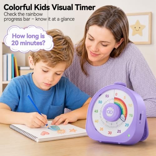 Visual Timer for Kids, Rechargeable Rainbow 60-Min/12-Hour Switchable Countdown Timer, Magnetic Timer with Pomodoro Mode, ADHD Time Management Tool for Classroom,Home with Silent Operation, Purple