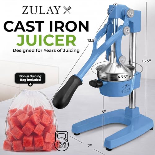 Zulay Kitchen Cast Iron Juicer - Heavy Duty Orange Juicer with Detachable Strainers for Easy Cleaning, Citrus Press for Citrus Fruits, Perfect for Bartenders, Juice Lovers & Health Enthusiasts