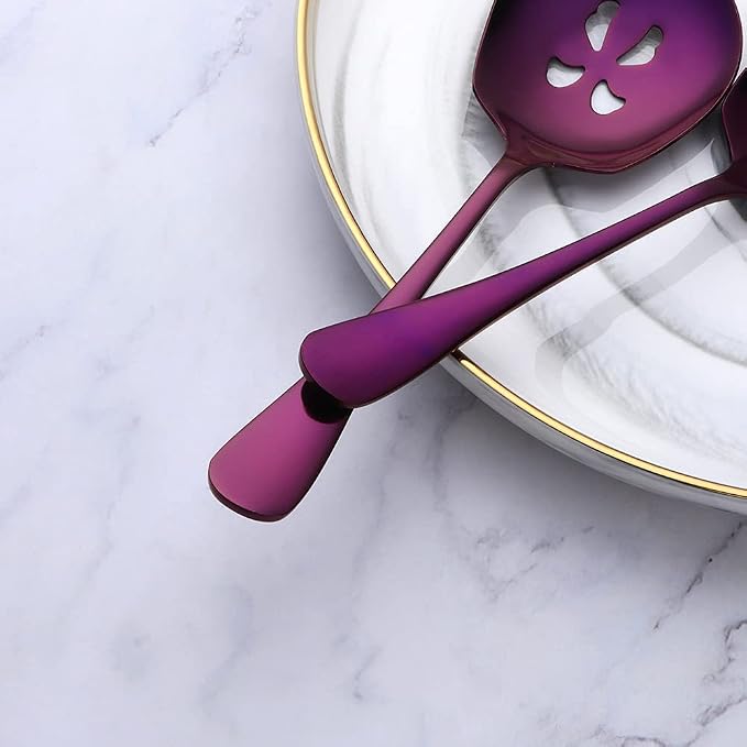 Meisha Serving Spoons Set, 3 Serving Spoons and 3 Slotted Serving Spoons, Purple Stainless Steel Serving Utensils for Buffet Can Banquet Cooking Kitchen - Mirror Polished