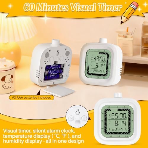 Visual Timer, 60 Minutes Countdown & Countup Timer, Digital Alarm Clock with Temperature and Humidity Monitor, 4 in 1 Multifunctional Desk Clock for Kids Study, Kitchen, Office and Home,Blue