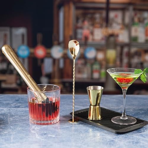 JNWINOG 3-Pcs Gold Muddler & Mixing Tools Set, 10" Muddler, 12" Cocktail Spoon & 1 oz/2 oz Double Jigger, Bar Tool Set for Beverages