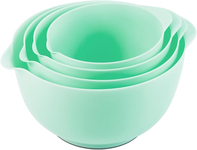 BoxedHome Mixing Bowls Set of 4, BPA Free Plastic,Microwave Safe, Green | 4.5/3.5/2.5/1.7 quarts,Non-slip Base Large Nesting Bowl with Pour Spout, Dishwasher Safe, for Prep, Cooking,Baking