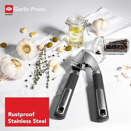 Anthill Premium – Heavy Duty Garlic Press - Stainless Steel – Rust proof – Dishwasher Safe – Garlic Mincer tool – Easy-Clean with Soft Grip Handle – Strong and Durable – Press Garlic with ease (Grey)