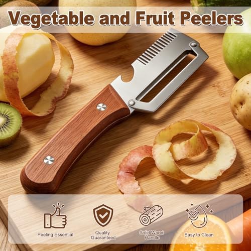 Vegetable Peeler with Wooden Handle, 3-in-1 Stainless Steel Julienne Peelers for Kitchen, Scallion Shredder & Built-in Bottle Opener, Fruit Potato Carrot Pumpkin Peeling Tool, 3 Pack