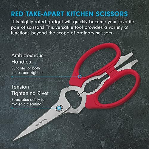 Messermeister 8-Inch Take-Apart Kitchen Scissors, Red - Includes Screwdriver, Nut Cracker, Jar Lid Opener/Gripper, Bottle Opener & Bone + Twig Cutter - Suitable for Lefties & Righties