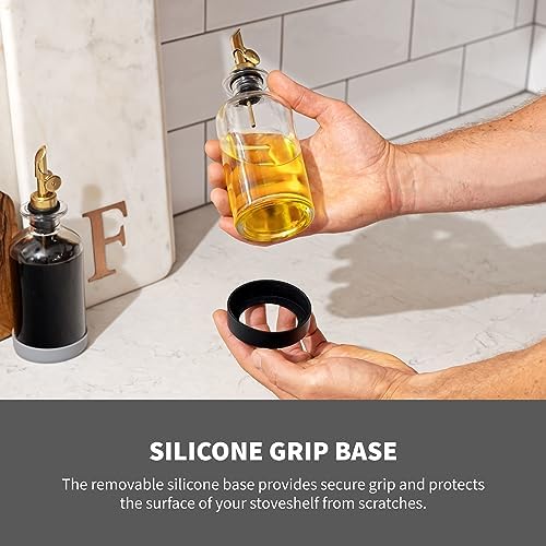 STOVE SHELF Oil and Vinegar Dispenser Set - Oil Dispensers with Silicone Base - Protects the Finish of Your StoveShelf - Glass Bottle with Gold Dispenser - Set of 2