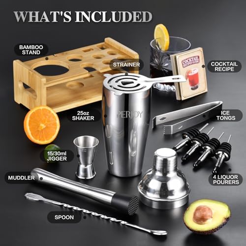 Cocktail Shaker Bartender Kit-12 Piece Cocktail Shaker Set with Stand, Stainless Steel Bar Set Tools Drink Mixer Set with Martini Shaker,Strainer,Jigger,Bar Spoon,Muddler, Gift for Men Dad&Him