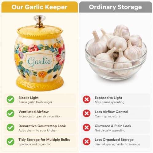 Garlic Keeper Ceramic with Lid Ventilated Floral Yellow for Kitchen