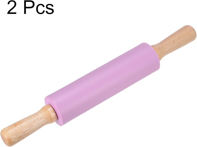 HARFINGTON 2pcs Silicone Rolling Pins for Baking 14.96 Inch Non-Stick Silicone Surface Wooden Handle Rolling Pin Small Roller Playdough Rolling Pins for Fondant Kitchen Dough Pizza, Purple