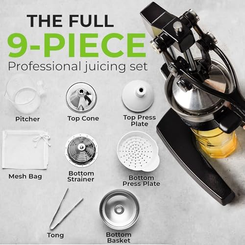 Zulay Kitchen Pulperizer 9 in 1 Cast Iron Juicer - Easy-to-Clean Heavy-Duty Manual Juicer with Presser Attachment to Juice All Types of Fruits! Extra Tall with Stainless Steel Bowl - Black