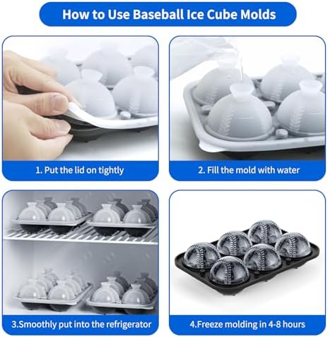 6 Chamber 2.2" 3D Baseball Gifts Ice Cube Tray With Funnel,Large Round Ice Ball Maker Mold Silicone Fun Shapes Bourbon Sphere Ice Molds,For Chilling Whiskey,Cocktails,Bourbon,Brandy and Beverages