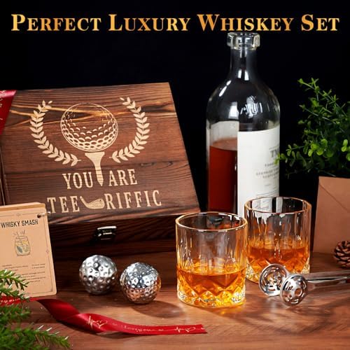 Oaksea Gifts for Men Dad Fathers' Day, Golf Ball Shaped Stainless Steel Whiskey Stones Gifts Set, Reuasable Ice Cube for Drinking, Anniversary Birthday Gifts for Him, Cool Stuff Bourbon Presents