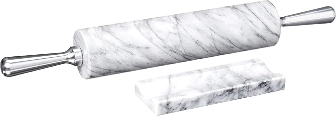Fox Run Marble Rolling Pin & Stand, White Marble With Aluminum Handles Pin | Marble Stays Cool For Pastry | Heavy Dough Roller For Easy Rolling & Baking | Includes Stand | Naturally Non-Stick Surface