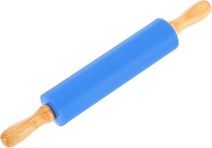 uxcell 6.7 Inch Silicone Rolling Pin, Small Dough Roller with Wood Handle for Pizza Pastry Fondant Kitchen, Blue