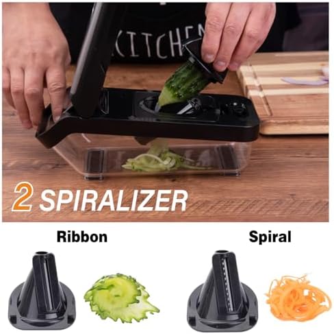 Vegetable Chopper, 10-in-1 Mandoline Slicer and Chopper with 10 Interchangeable Blades & Container, 304 Stainless Steel Press Lid, Onion Chopper, Potato Slicer, Julienne Cutter