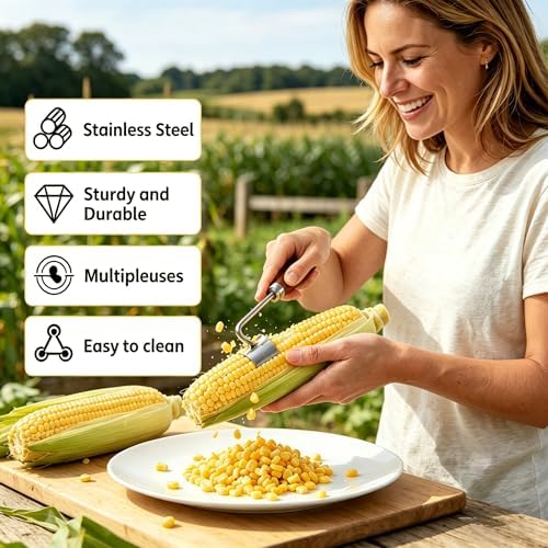 Corn Peeler 2026 Upgrade,Stainless Steel Curved Blade Corn Cob Stripper with Wooden Handle, Ergonomic Kernel Remover for Fresh, Cooked, or Frozen Corn(2pcs）