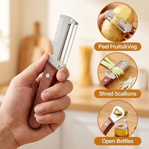Multi-Functional Vegetable Peeler for Kitchen, Ultra-Sharp Stainless Steel Blade with Wooden Handle and Bottle Opener, For Fruits and vegetables (2 Pcs)