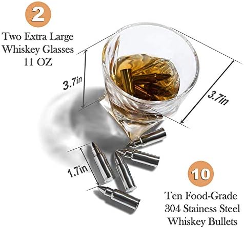 Whiskey Stones Gift Set for Men - 10 Chilling Stainless-Steel Whiskey Rocks - 11oz 2 Large Twisted Whiskey Glasses, Slate Coasters, Tongs - Premium Set in Pine Wood Box