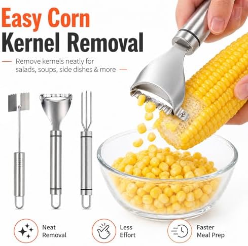 Corn Peeler for Corn on the Cob, 2026 Upgraded 3PCS Corn Peeler, Corn Cob Stripper Tool, Stainless Steel Blade, Ergonomic Long Handle, Easy to Clean, Kitchen Tool for Home Picnic Party