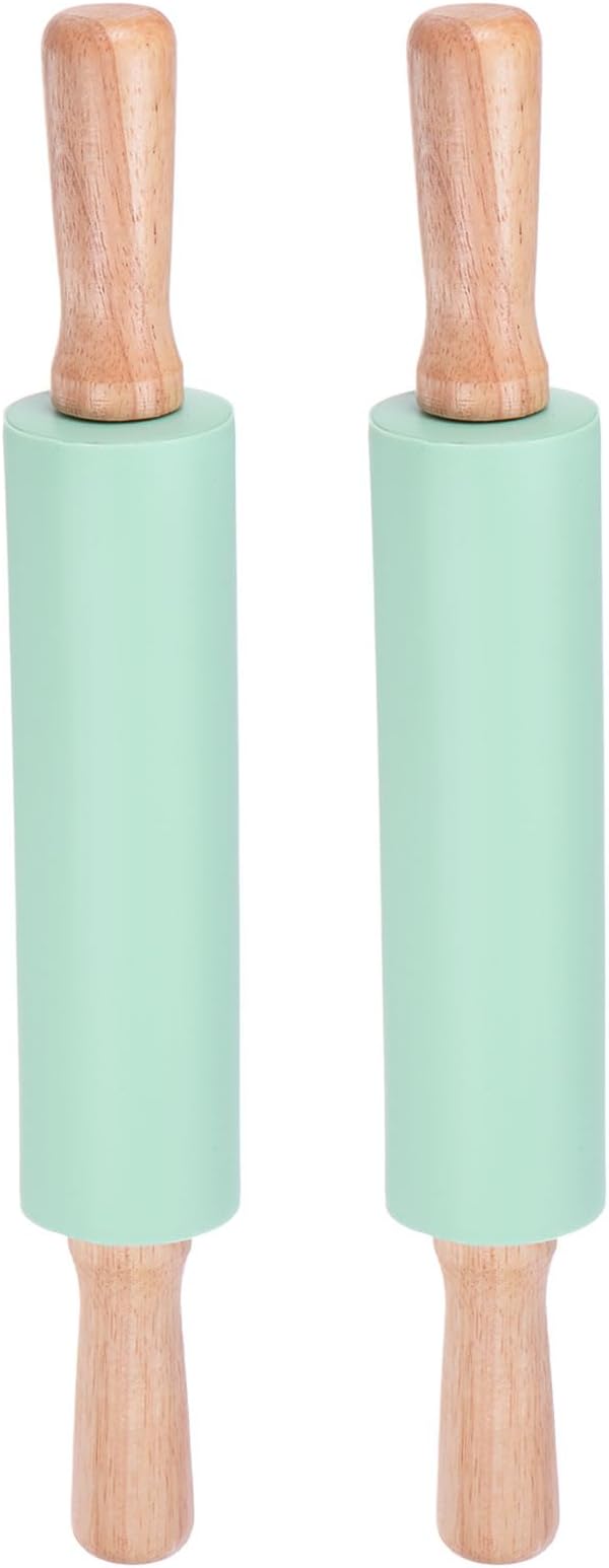 HARFINGTON 2pcs Silicone Rolling Pins for Baking 14.96 Inch Non-Stick Silicone Surface Wooden Handle Rolling Pin Small Roller Playdough Rolling Pins for Fondant Kitchen Dough Pizza, Green