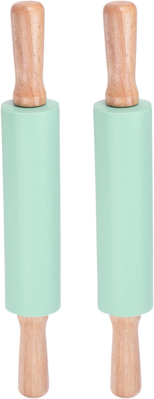 HARFINGTON 2pcs Silicone Rolling Pins for Baking 14.96 Inch Non-Stick Silicone Surface Wooden Handle Rolling Pin Small Roller Playdough Rolling Pins for Fondant Kitchen Dough Pizza, Green