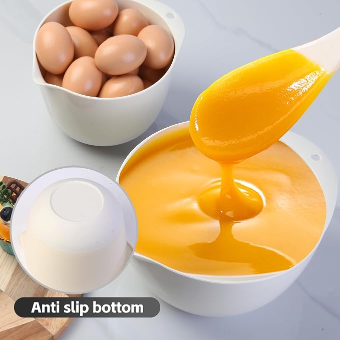 3 Small Plastic Mixing Bowls with Pour Spout,Lids and TPR Non-Slip Bottom,Nesting Batter Bowl Set for Kitchen Prep,Baking,Storage,BPA Free,Easy to Grip,1.5Qt,2Qt,3Qt,White