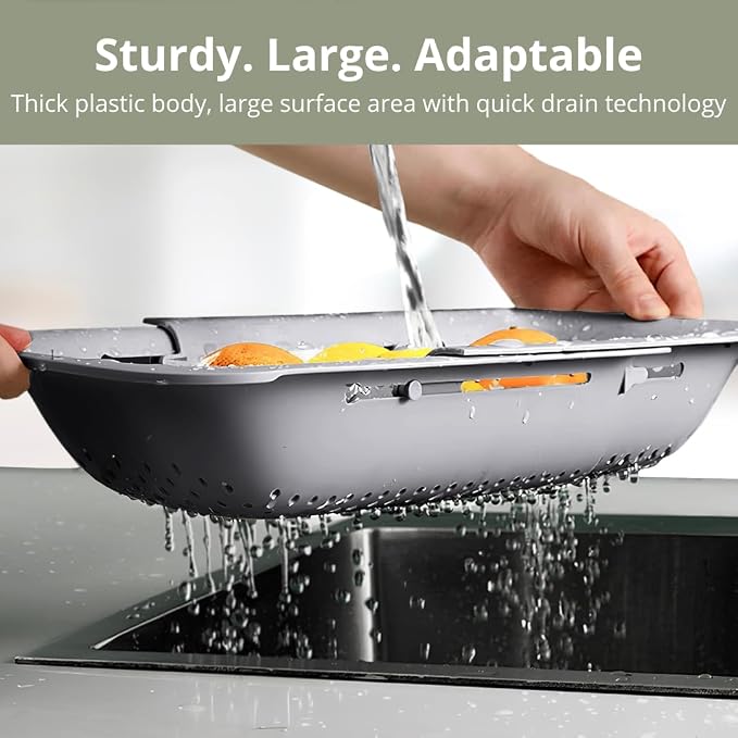 FERROFASIL Collapsible Colander Strainer Basket, Extendable Over the Sink Colander for Produce Washing, Drain Strainer and Brush, Home Apartment Essentials, 14x8x2, Gray