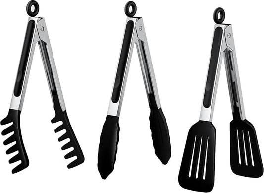 HST Tongs for Cooking with Silicone Tips(3 Pack), Non Stick Kitchen Tongs with Silicone Tip for Cooking BBQ Baking (12", Black)