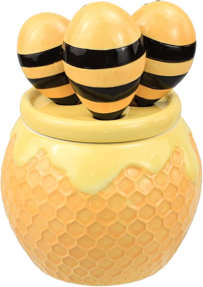 Ceramic Bee and HoneyComb Measuring Spoons Set for Dry or Liquid with Measuring Cup Set, 4 PCS Kitchen Measuring Baking Spoons Cooking Measuring Spoons for Kitchen Baking Tool Utensil Set