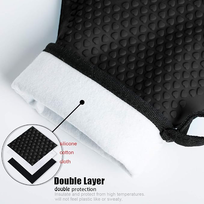 Kitchen Oven Gloves - Dual-Layer Heat Resistant Grilling Gloves, Silicone Oven Mitts with 5 Fingers, Waterproof Non-Slip Pot Holder for Barbecue, Cooking, Baking (XL-XXXL, Black)