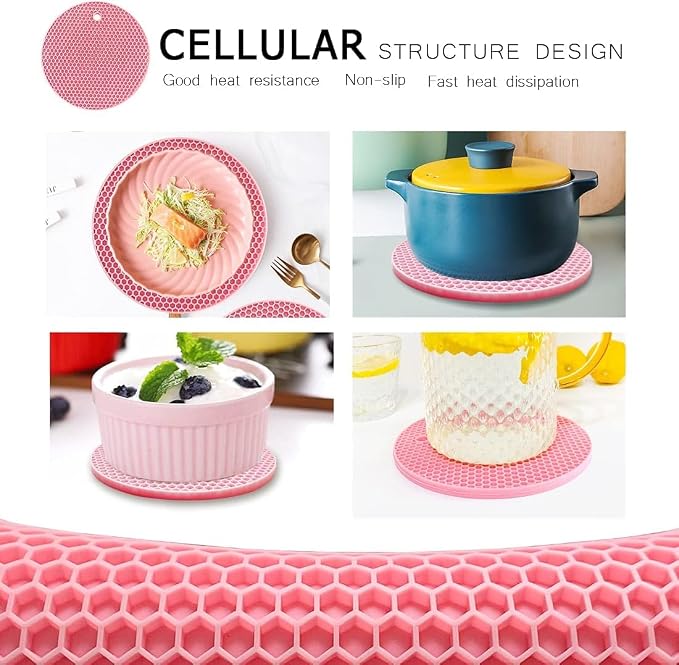7-Inch Round Silicone Trivet Mats - 4-Pack Non-Slip Heat Resistant Hot Pads for Kitchen Countertops, Pots and Pans (Pink)