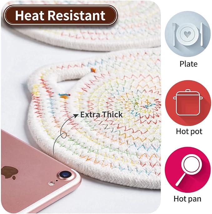 12" Pure Cotton Trivets Set with 0.35" Thick (3 Pcs, Grey) | Tightly Woven, Machine Washable, Heat Resistant, Large, Cute Cat Kitchen Accessories for Hot Dishes Pots Pans, Decor, Gift