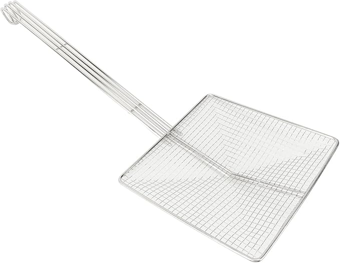 Square Strainer Skimmer, Stainless Steel Square Fryer Skimmer Ladle with Long Handle and Hanging Hook for Kitchen Deep Fryer, Pasta, Noodle(Thick mesh)