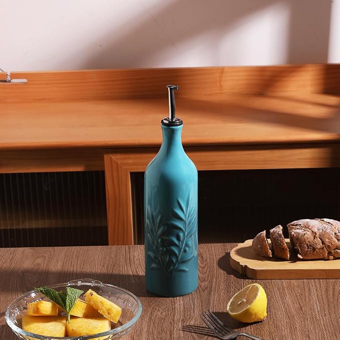 Sweejar Ceramic Olive Oil Dispenser Bottle, 24 Oz Relief Design EVOO Oil and Vinegar Dispensing Bottle with Spout for Kitchen, Set of 1 (Gradient Blue)