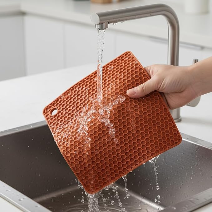 6-Pack Silicone Trivet Mats, Heat Resistant Hot Pads, Dishwasher Safe Kitchen Mats, BPA-Free Pot Holders for Table, Countertop, Stove, Honeycomb Design (Brown, 7" Square)