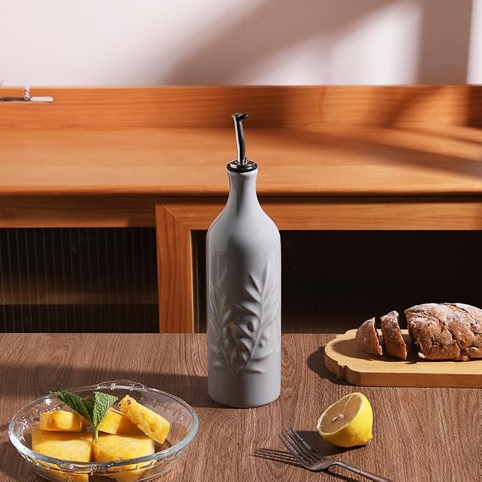 Sweejar Large Ceramic Olive Oil Dispenser Bottle, 24 Oz Relief Opaque Oil Cruet Protects Oil To Reduce Oxidation, Storage Vinegar, Soy Sauce, Coffee Syrup, Liquids, Set of 1 (Gray)