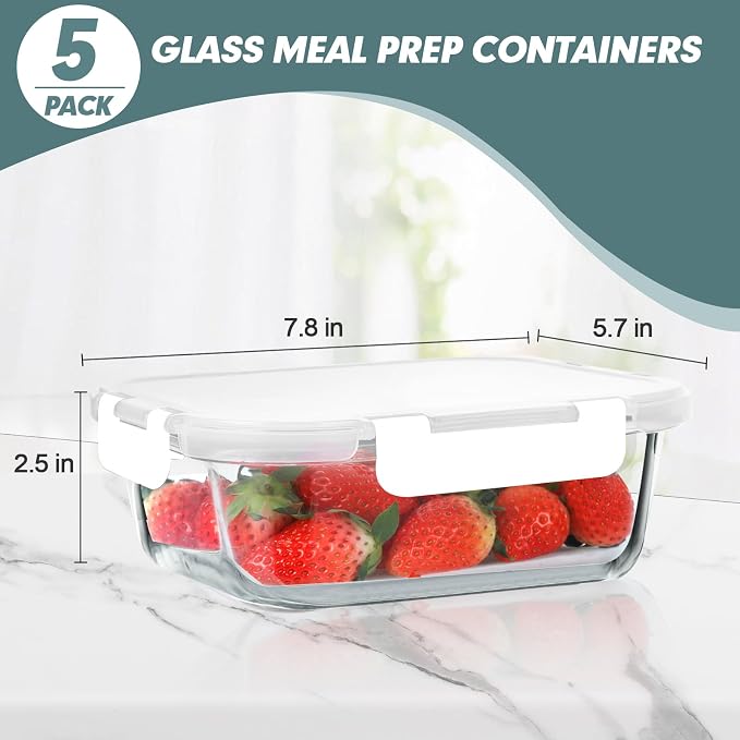 30 oz 5 Pack Glass Meal Prep Containers with Lids, White | Glass Food Storage Containers with Lids, Airtight Lunch Box, BPA-Free, Dishwasher, Microwave, Oven and Freezer Safe