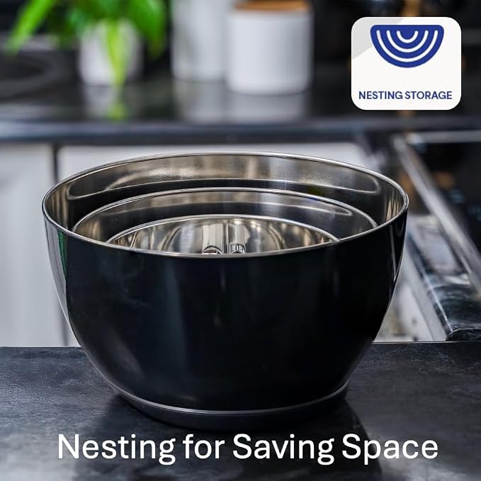 Stainless Steel Mixing Bowls Set, 3-Piece with Silicone Base | 1.5, 3 & 5 Qt Metal Bowls for Meal Prep, Baking, Cooking, Serving & Food Storage, Non-Slip Base, Dishwasher Safe, Black