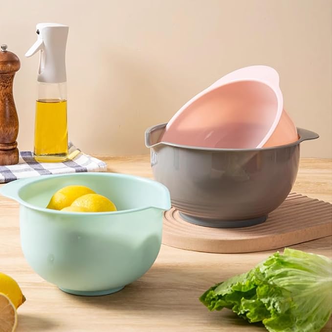 Nesting Plastic Mixing Bowls, Set Of 3, 1.5 quart, 2 quart, 2.5quart, Nesting Bowls with Non Slip Base and Easy Pour Spout, Dishwasher Safe (Green Pink Grey)